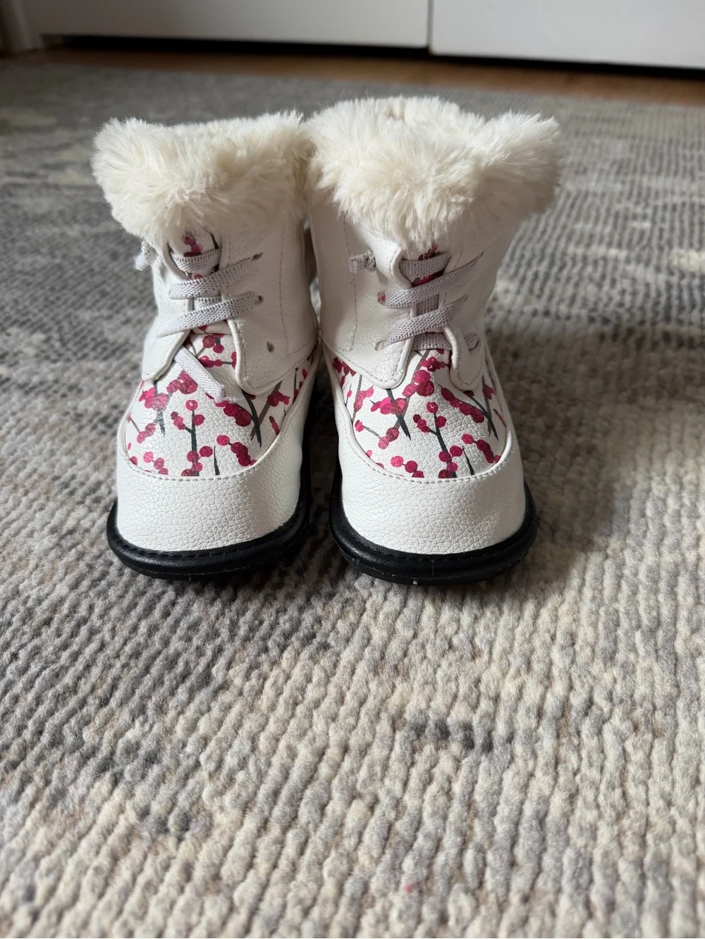 Girls White Winter Boots with Pink Floral Accent